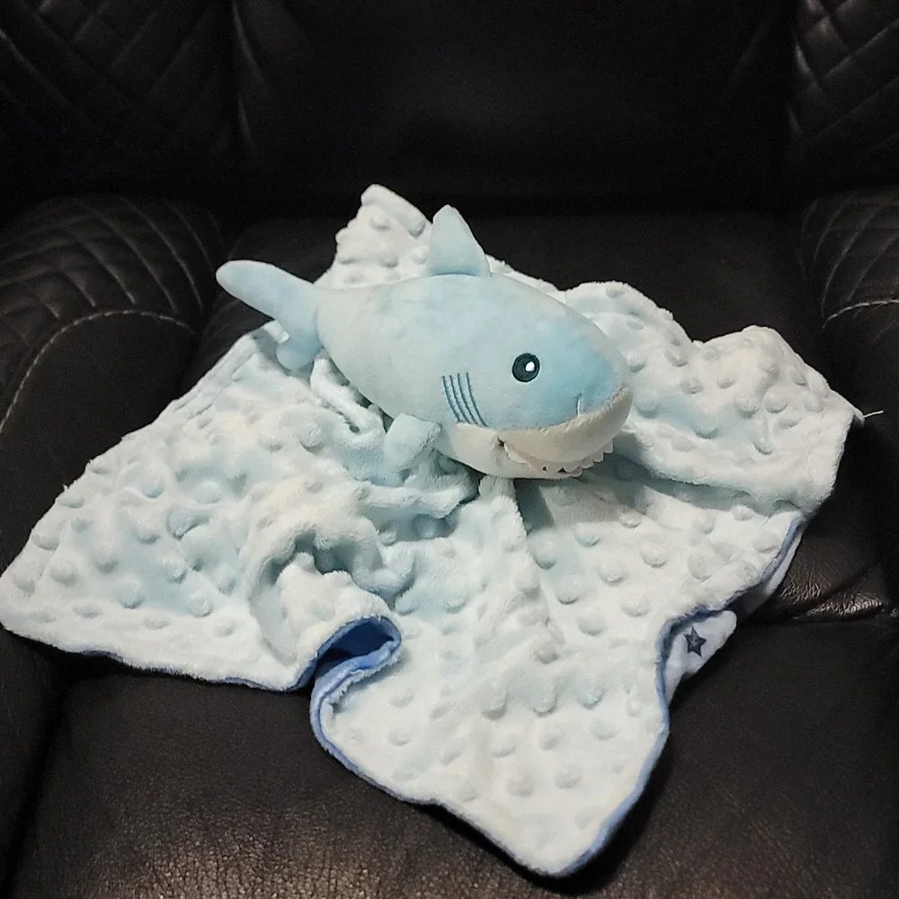 Blue Shark Baby Lovey Security Blanket Ocean Life & Fish on Back Minky Dot Plush